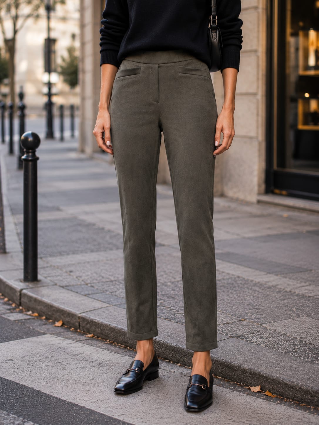 Pantalon uni taille élastique, fausses poches devant / Y415AJ40 – Image 4