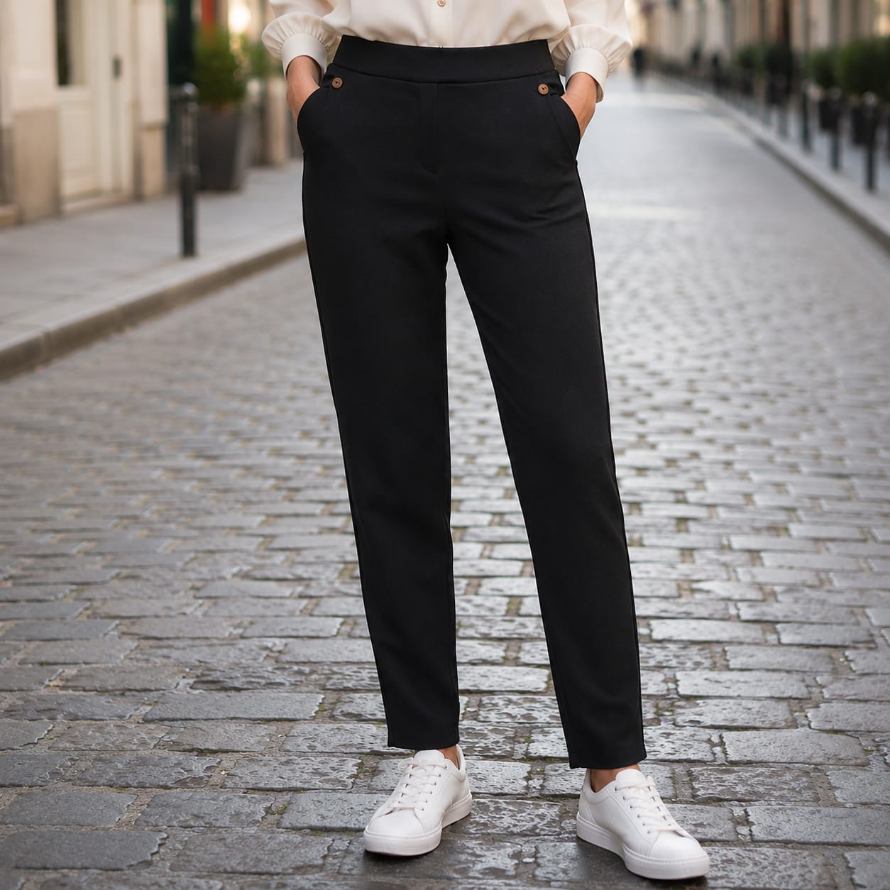 Pantalon uni 2 poches devant, taille élastique / Y442AJ51 – Image 3